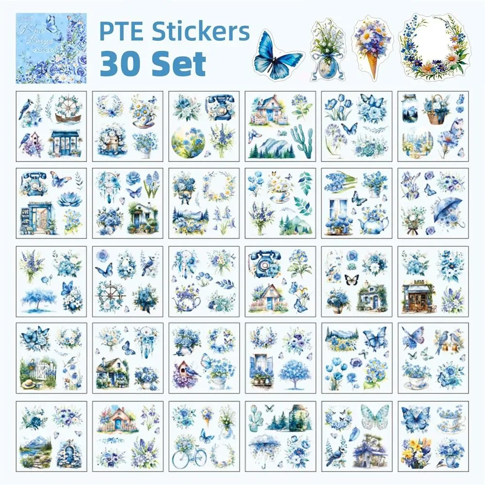 Blue Butterfly Scrapbooking Stickers Junk Journal PET Vintage Floral 30 Sheets